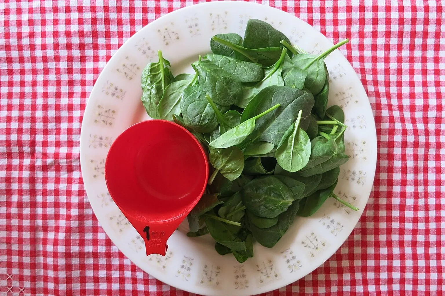 Fresh spinach leaves on a plate with a small red measuring cup beside them